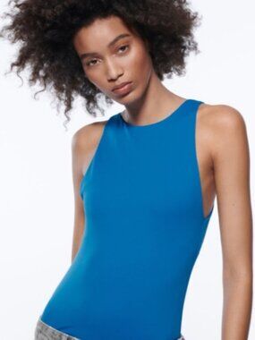 Zara Sleeveless Halter Bodycon Bodysuit in Blue Layering Casual Women's L NWT